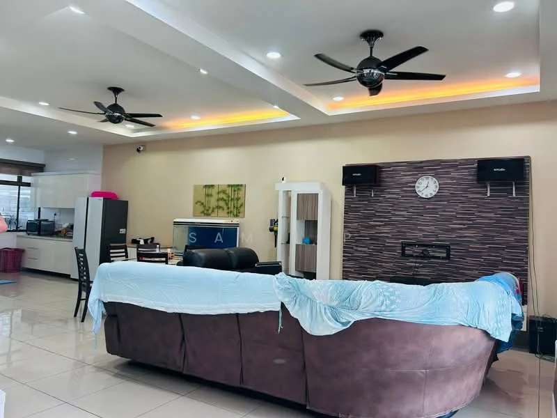 Living features: L-shape sectional sofa in brown, light blue throw blanket on sofa, ceiling with recessed lighting, 2 ceiling fans, wall-mounted TV, feature wall with stone cladding, clock on wall, tile flooring, dining table in background, kitchen area visible in background, decorative wall art, open layout; style: modern.