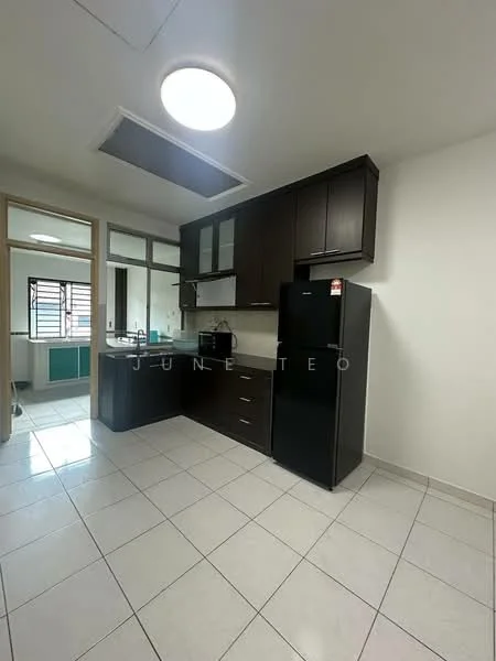 Kitchen features: black cabinetry, white countertop, stainless-steel sink, chrome pull-down faucet, built-in oven, freestanding fridge, ceramic tile flooring, recessed ceiling light, window with grid pattern, wall-mounted cabinets, open shelving, tile backsplash; style: modern.