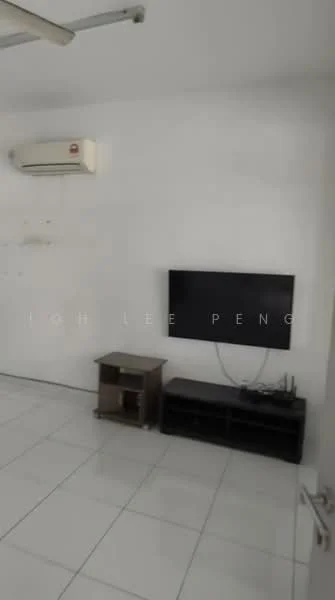 Living features: white painted walls, tile flooring, wall-mounted TV, TV console, air conditioning unit, ceiling fan, cable connections visible.