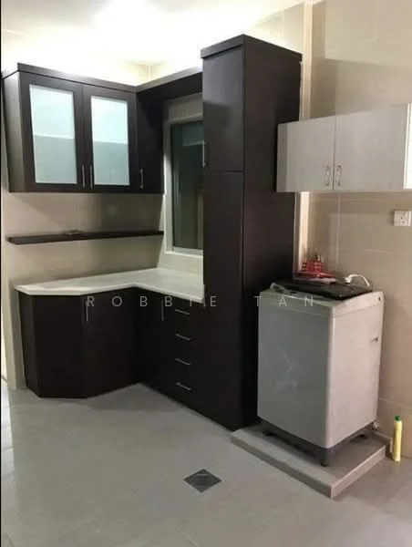 Laundry features: dark wood cabinetry, white countertop, single-basin sink, built-in shelving, washing machine, grey tiled flooring, window for natural light, light-colored wall tiles; style: modern.