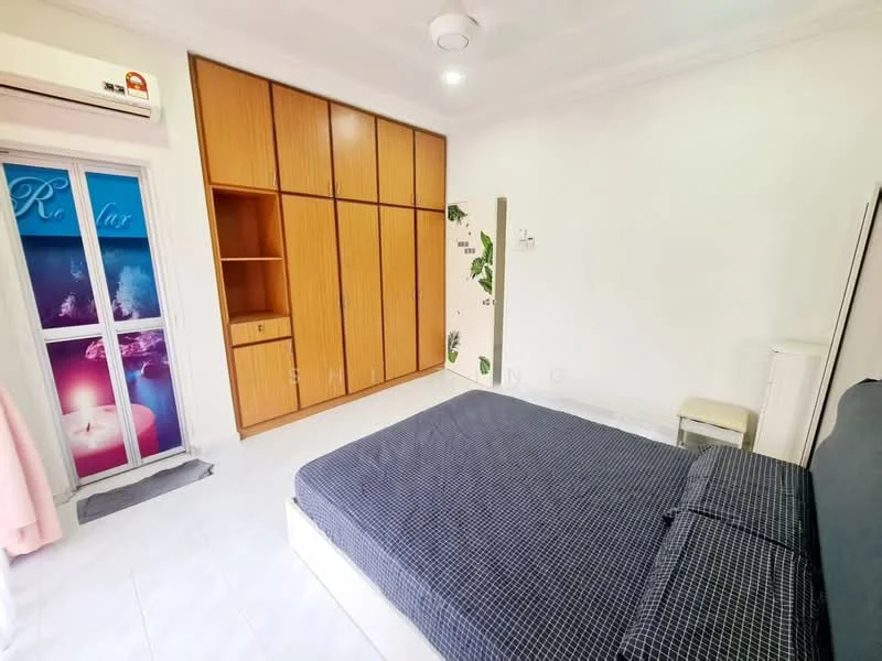 Bedroom features: queen-size bed with dark bedding, built-in wardrobe with wooden doors, white walls, tile flooring, ceiling light fixture, wall-mounted air conditioning unit, sliding glass door, curtains, small bedside table; style: modern.