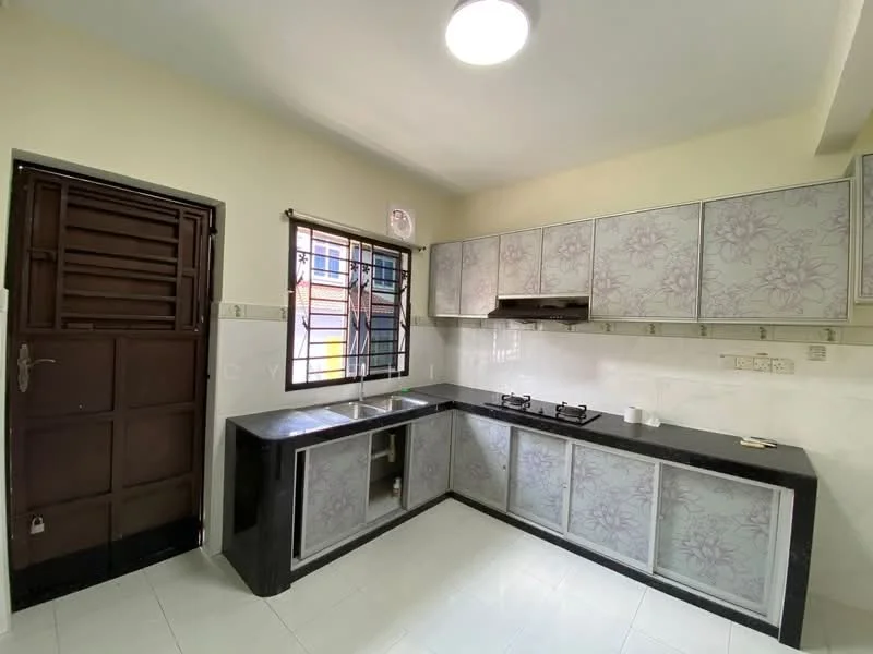 Kitchen features: black granite countertop, stainless-steel sink, two-burner gas hob, wooden cabinetry with floral pattern, white tiled backsplash, white tiled flooring, window with metal grille, door to exterior, overhead cabinet storage, exhaust hood; style: modern.