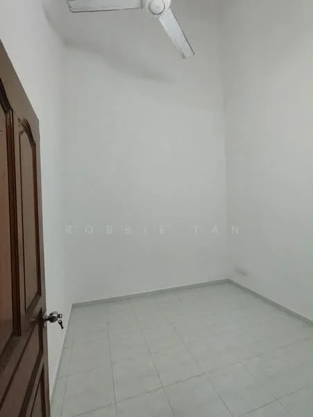 Room features: white painted walls, high ceiling, light grey floor tiles, ceiling fan, wooden door, no visible windows, minimal decor; style: minimalist.