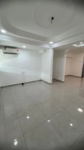 Room features: white painted walls, polished ceramic tile flooring, tray ceiling with recessed lighting, 1 wall-mounted split AC, LED downlights, corner space for furniture, neutral color scheme; style: modern.