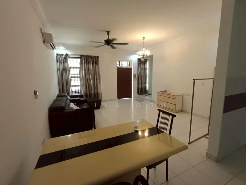 Living features: 3-seater leather sofa in dark brown, ceiling fan, recessed downlights, wall-mounted air conditioning unit, white painted walls, tile flooring, window with sheer curtains, coffee table, TV console, dining table with beige tabletop and wooden legs, dining chairs; style: modern.