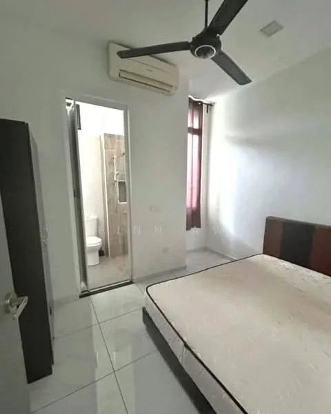 Bedroom features: white painted walls, glossy tile flooring, king-size bed without bedding, ceiling fan, 1 wall-mounted split AC, window with sheer curtains, built-in wardrobe, door leading to bathroom; style: modern. Bathroom features: toilet, shower area with glass enclosure, tile cladding, vanity with mirror.