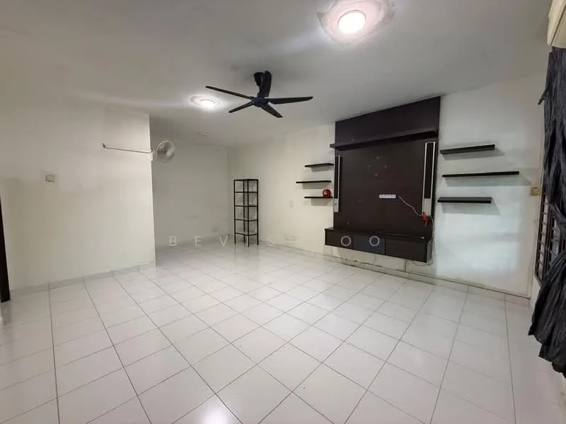 Living features: white painted walls, polished ceramic tile flooring, 5-blade ceiling fan with light, recessed downlights, built-in wall shelves, black feature wall, window with black curtains, air conditioning unit; style: modern.