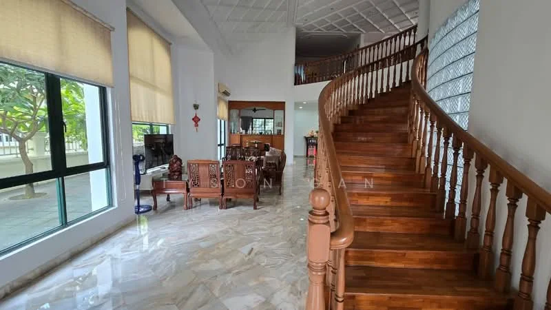 Living features: marble flooring, wooden staircase, large windows, natural light, high ceiling, decorative wooden railings, open layout, furniture including wooden chairs and table; style: contemporary; view: garden.
