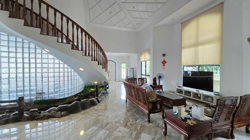 Living features: marble flooring, high ceiling with decorative beams, large glass block wall, wooden staircase with railing, two wooden armchairs, wooden coffee table, TV console with wall-mounted TV, decorative stone feature with plants, large windows with roller blinds, ceiling fan, wall-mounted fan; style: modern; view: garden.