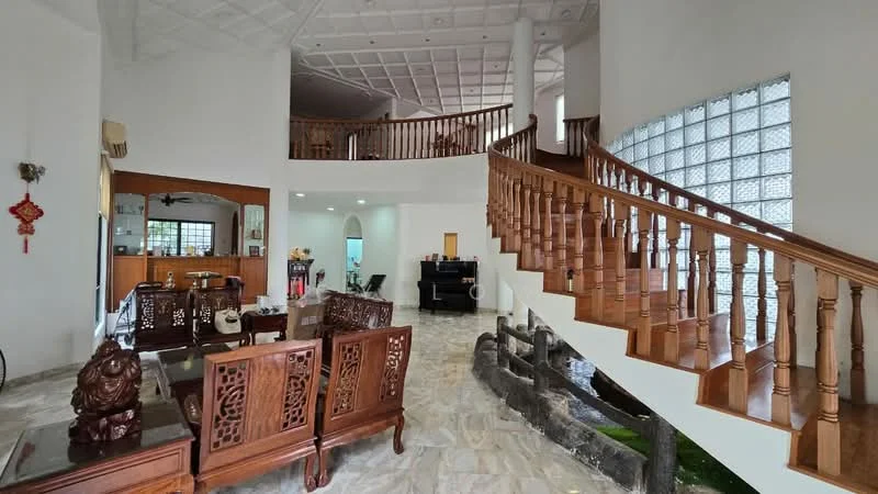 Living features: marble flooring, white painted walls, high ceiling with decorative moulding, wooden staircase with railing, large glass block window, wooden furniture with intricate carvings, open layout, air conditioning unit, decorative wall art, natural light from windows; style: modern.