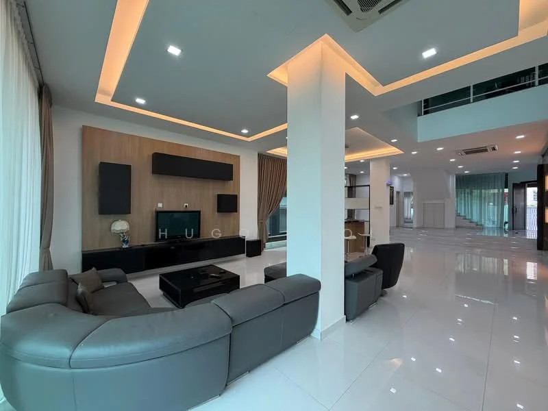Living features: grey leather sectional sofa, black coffee table, wall-mounted TV, wood feature wall, recessed LED downlights, tray ceiling with ambient lighting, large floor-to-ceiling windows, white tiled flooring, curtains, open layout, decorative wall panels; style: modern.