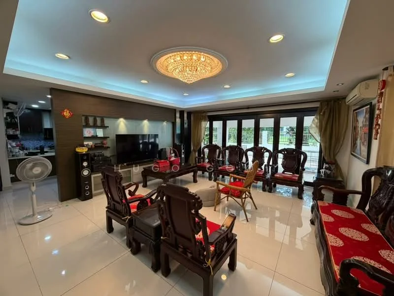 Living features: white glossy tile flooring, tray ceiling with recessed lighting, chandelier light fixture, wall-mounted TV, black entertainment unit, large glass sliding doors, curtains, traditional wooden seating, coffee table, decorative wall paneling, air conditioning unit, ceiling fan; style: traditional; view: garden.