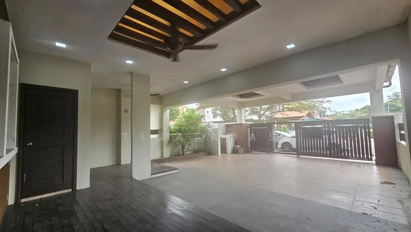 Room features: exposed beams on ceiling, recessed downlights, 5-blade ceiling fan, wooden flooring, tile flooring, open layout, large windows, sliding glass door, outdoor view, partition wall, built-in cabinetry; style: modern; view: garden.