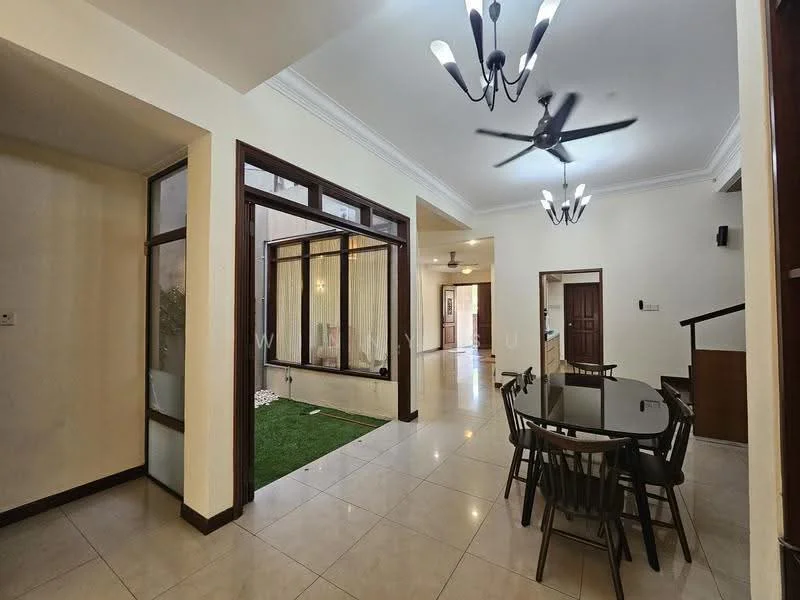 Dining features: rectangular dining table, black dining chairs, white walls, marble tile flooring, 5-blade ceiling fan with light, recessed downlights, large windows, glass sliding doors, greenery view from windows; style: modern; view: garden. Room features: cream painted walls, marble tile flooring, 5-blade ceiling fan, doorway leading to another room, natural light from windows.