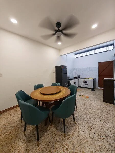 Dining features: round dining table, 6 upholstered dining chairs in teal, ceiling fan, white painted walls, terrazzo flooring, refrigerator, kitchen counter with sink, window with natural light, wooden door, open layout; style: modern.