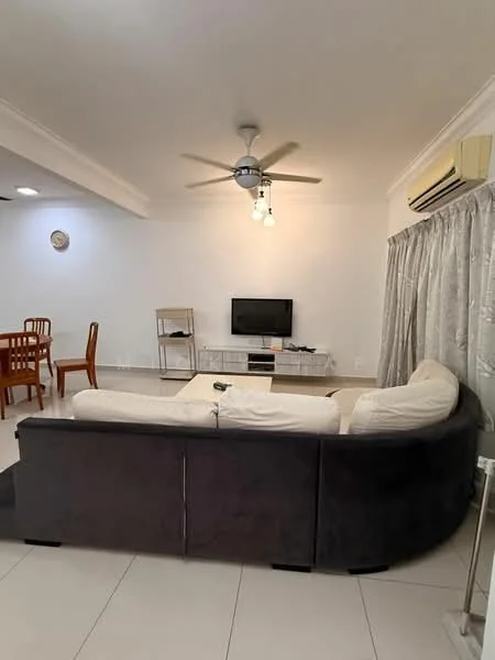 Living features: L-shape sectional sofa in grey, ceiling fan with light, wall-mounted TV, TV console, light-colored walls, tile flooring, curtains, decorative wall clock, air conditioning unit; style: modern. Dining features: 4-seater wooden dining table, wooden dining chairs; style: modern.