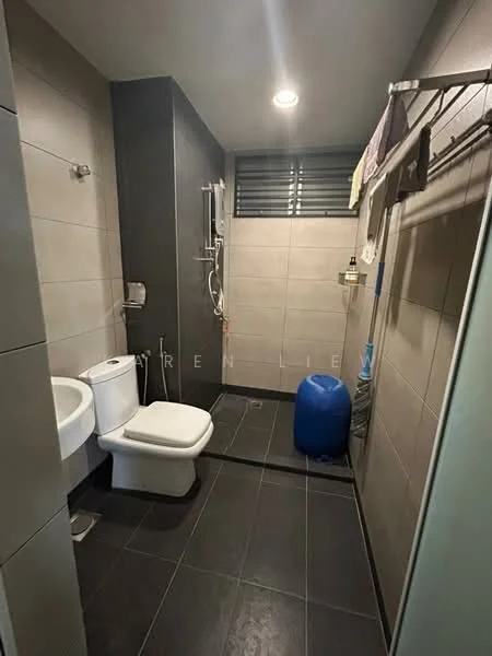 Bathroom features: grey tiled walls, dark grey floor tiles, one-piece toilet, shower with handheld showerhead, wall-mounted shower faucet, glass shower enclosure, small shelf for toiletries, window with horizontal slats, towel rack, light fixture in ceiling; style: modern.