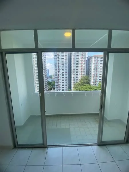 Room features: sliding glass door, floor-to-ceiling windows, white walls, tile flooring, balcony view of city skyline, natural light from large windows, neutral color palette; style: modern; view: city.