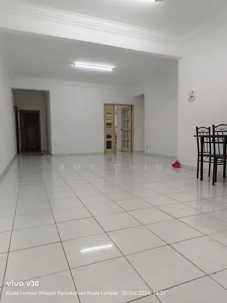Living features: white painted walls, glossy white tile flooring, recessed downlights, ceiling rose, dining table with four chairs, open layout, large windows, neutral decor; style: modern.
