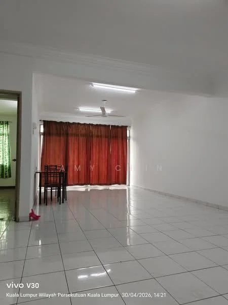 Living features: white painted walls, glossy white tile flooring, recessed downlights, 5-blade ceiling fan, large window with sheer curtains, brown curtain, black dining table with four chairs, pink slipper on the floor; style: modern.