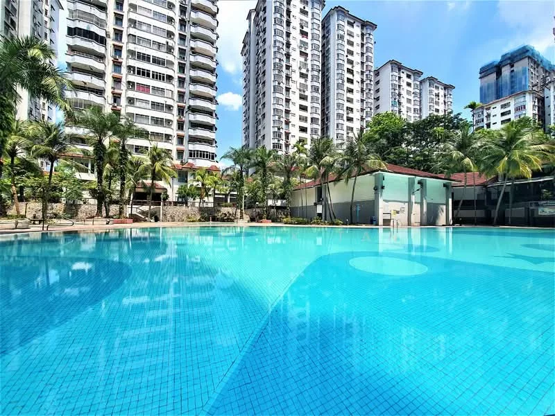 Exterior type: high-rise condominium; features: infinity pool, pool deck with loungers, surrounded by palm trees, landscaped garden, multiple high-rise buildings, clear blue water, tiled pool surface, residential buildings in background; style: modern.