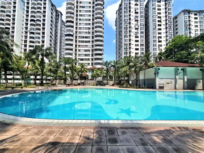 Exterior type: high-rise condominium; features: infinity pool, pool deck with loungers, surrounded by palm trees, landscaped garden, multiple high-rise buildings, clear blue water, tile coping around pool, outdoor shower area; style: modern.