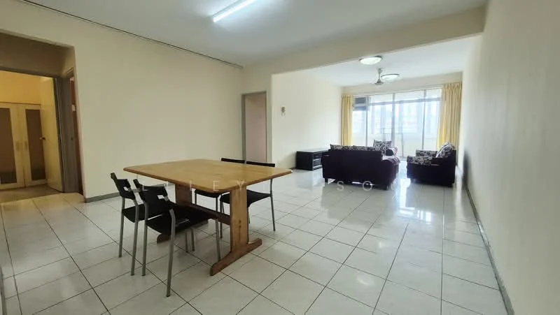Living features: white painted walls, ceramic tile flooring, floor-to-ceiling windows, curtains, sofa with patterned cushions, coffee table, TV console, ceiling lights, air conditioning unit; style: modern; view: city. Dining features: wooden dining table, 4 black dining chairs, ceramic tile flooring, white painted walls, ceiling lights; style: modern.