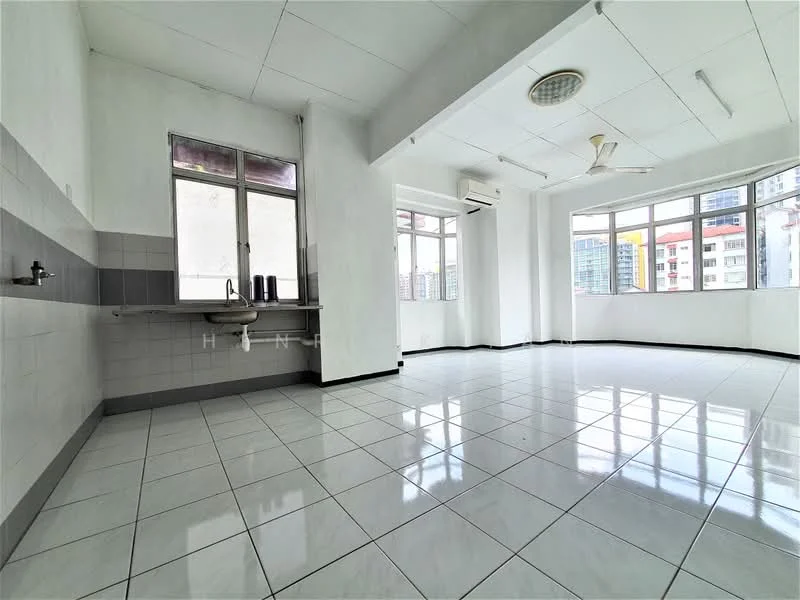 Room features: white painted walls, grey tiled flooring, floor-to-ceiling windows, 1 wall-mounted split AC, 5-blade ceiling fan, sink with faucet, open layout, natural light from multiple windows; style: modern; view: city.
