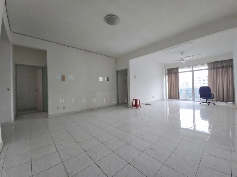 Living features: white painted walls, glossy ceramic tile flooring, ceiling fan, floor-to-ceiling windows, curtains, sliding glass door, natural light from windows, open layout; view: city. Room features: white painted walls, glossy ceramic tile flooring, doorway leading to another room.