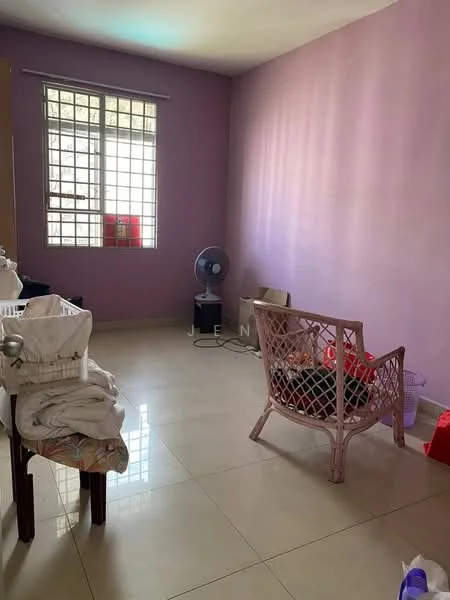 Room features: purple painted walls, ceramic tile flooring, window with grid pattern, ceiling fan, wicker chair, laundry basket, various items on the floor.