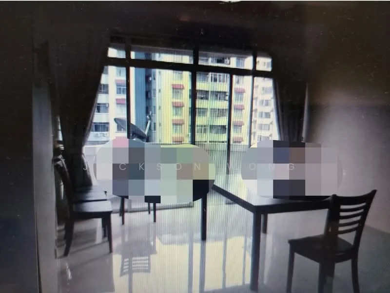 Dining features: floor-to-ceiling windows, sliding glass door, dining table, two dining chairs, white walls, glossy tile flooring, curtains, view of city skyline; view: city.