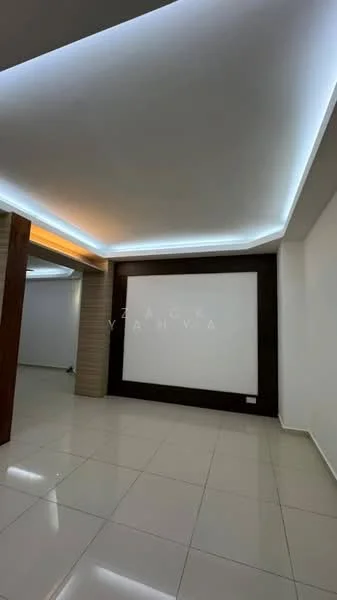 Room features: white painted walls, glossy tile flooring, recessed LED downlights, cove lighting along ceiling, wood panel accent wall, neutral color scheme, open layout, no visible furniture; style: modern.
