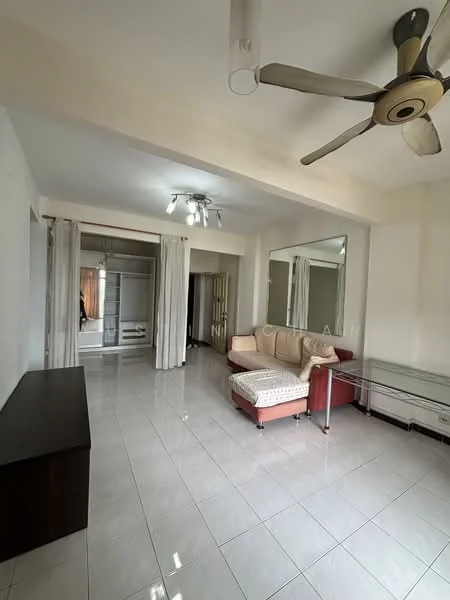 Living features: white painted walls, polished ceramic tile flooring, 5-blade ceiling fan with light, sofa in red and cream upholstery, coffee table, large mirror on wall, curtains, built-in wardrobe, recessed ceiling lights; style: modern.