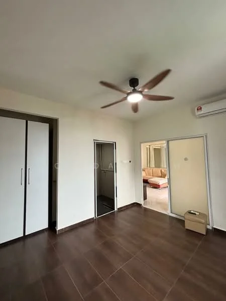 Bedroom features: brown ceramic tile flooring, white painted walls, 5-blade ceiling fan with light, built-in wardrobe with sliding doors, mirror sliding door, air conditioning unit on wall, door leading to another room, box on floor; style: modern.