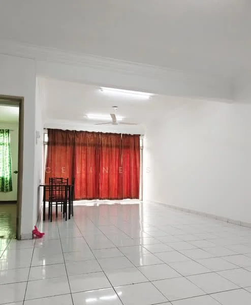Living features: white painted walls, glossy white tile flooring, 5-blade ceiling fan with light, large sliding glass door with sheer curtains, dining table with four black chairs, natural light from large window, neutral color scheme, minimalist decor; style: modern.