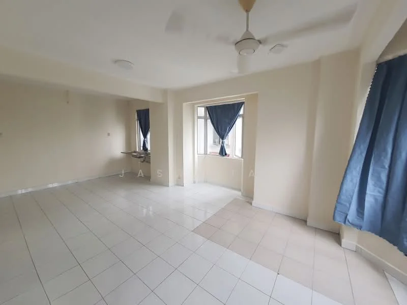 Room features: white painted walls, ceramic tile flooring, ceiling fan, large windows with blue curtains, natural light from windows, open layout, corner window, neutral color scheme; style: modern.