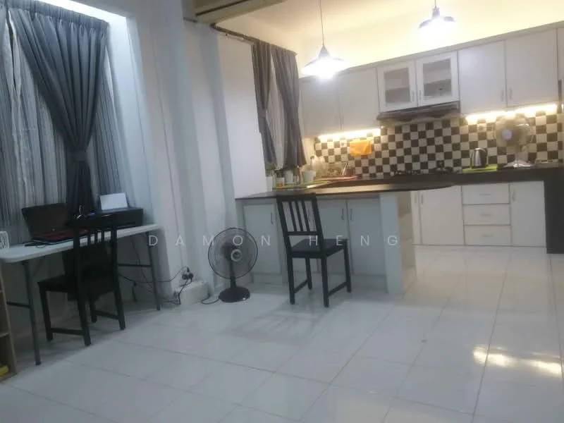 Kitchen features: white cabinetry, black countertop, checkerboard backsplash, stainless-steel range hood, built-in oven, 4-burner gas hob, single-bowl stainless-steel sink, chrome pull-down faucet, refrigerator, white tiled flooring, 2 pendant lights, window with grey curtains, ceiling fan, table with 2 chairs, computer desk; style: modern.