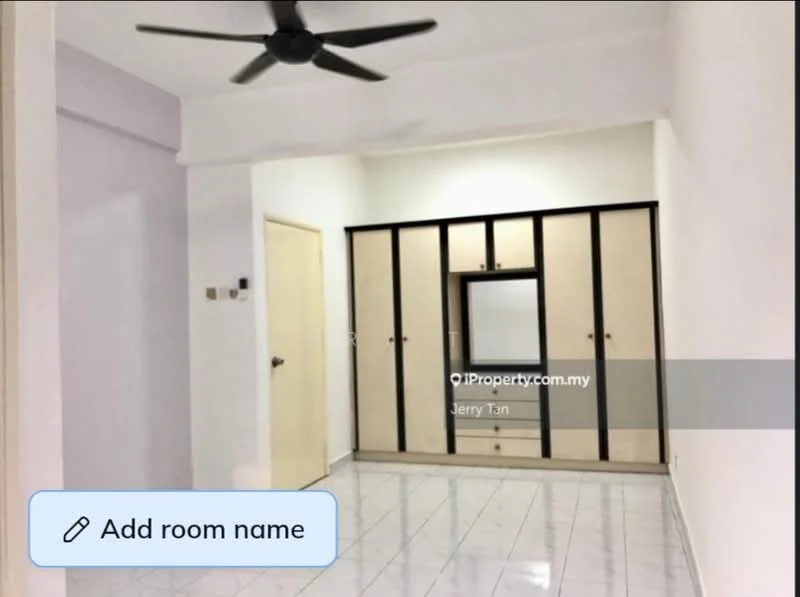 Room features: white painted walls, glossy white tile flooring, ceiling fan, built-in wardrobe with sliding doors, mirror panel on wardrobe, door leading to another room, light switch on wall, neutral color scheme; style: modern.