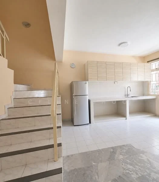 Kitchen features: white cabinetry with wood finish, single-bowl stainless-steel sink, chrome pull-down faucet, built-in refrigerator, marble countertop, ceramic tile flooring, light beige painted walls, window for natural light, staircase leading to upper level, recessed ceiling lights; style: modern.