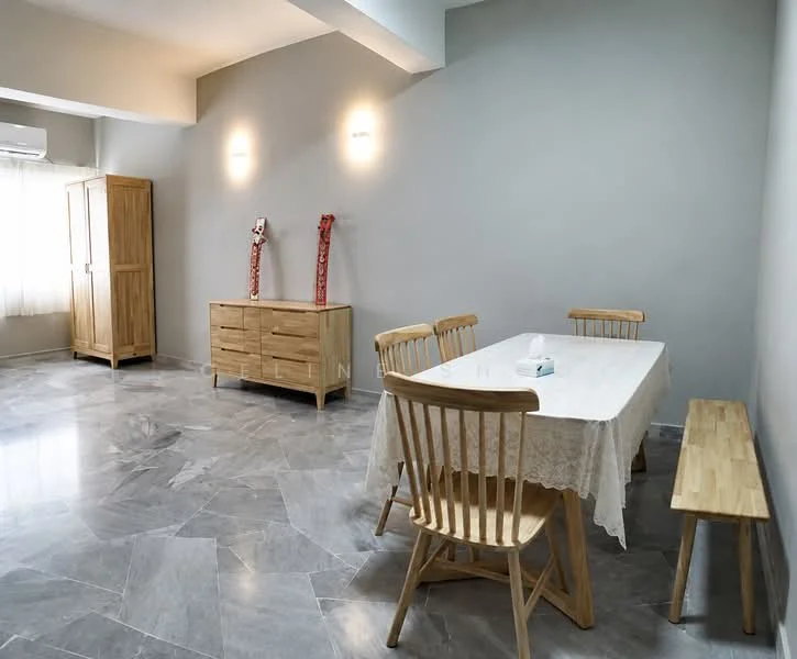 Dining features: light grey painted walls, marble flooring, rectangular dining table, 4 wooden dining chairs, wooden bench, wooden sideboard, air conditioning unit on wall, natural light from window with sheer curtains; style: modern.