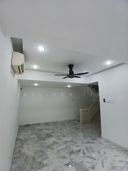 Living features: white painted walls, marble flooring, 5-blade ceiling fan with light, wall-mounted split AC, recessed LED downlights, staircase leading to upper floor; style: modern.