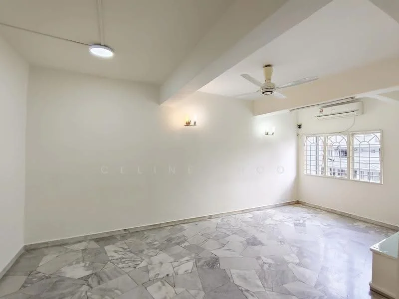 Living features: white painted walls, marble flooring, 5-blade ceiling fan, recessed downlights, wall-mounted split AC, floor-to-ceiling windows, window with grid design, natural light from windows; style: modern.