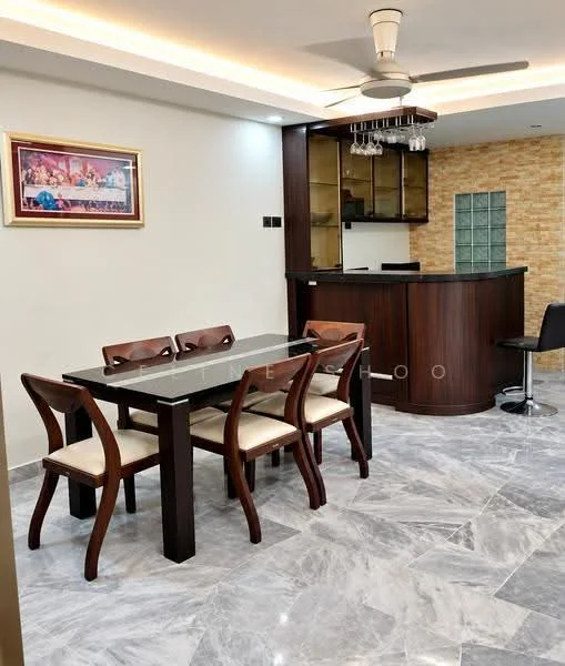 Dining features: 6-seater dining table with black tabletop, wooden dining chairs with cream upholstery, marble flooring, recessed ceiling lights, ceiling fan with light, wall-mounted artwork, bar counter with glass shelving, exposed brick wall section, glass block feature wall; style: modern.