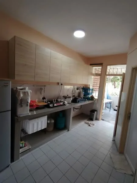 Kitchen features: light wood cabinetry, grey countertop, stainless-steel fridge, built-in sink, single-bowl stainless-steel sink, chrome faucet, white tiled flooring, window with view to outside, open shelving, kitchen appliances on countertop, wall-mounted cabinets, floor-to-ceiling cabinets; style: modern; view: garden.