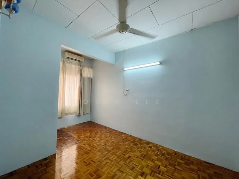 Room features: light blue painted walls, parquet wood flooring, ceiling fan, window with sheer curtains, air conditioning unit, LED strip lighting.