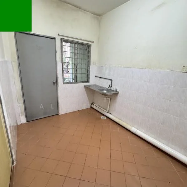 Laundry features: single-bowl stainless-steel sink, wall-mounted faucet, white tiled walls, brown tiled flooring, window with metal grille, door with metal frame, exposed plumbing, corner layout.