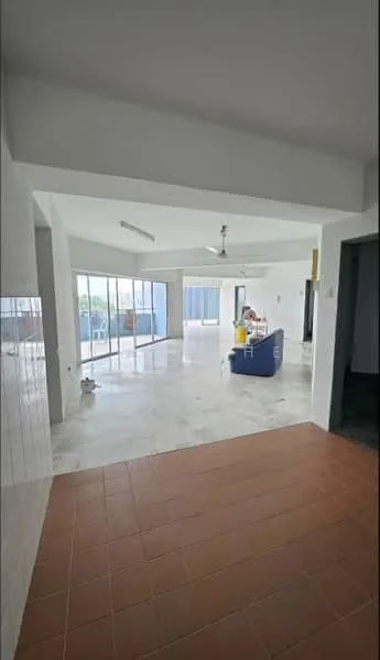 Living features: marble tile flooring, white painted walls, tray ceiling, 5-blade ceiling fan, floor-to-ceiling windows, sliding glass door, blue fabric sofa, coffee table, area rug, natural light, open layout, view of outdoor space; style: modern; view: garden. Room features: terracotta tile flooring, white painted walls.