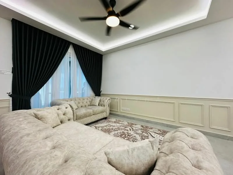 Living features: 3-seater fabric sofa in light beige, 2-seater fabric sofa in light beige, area rug with intricate pattern, white painted walls, crown moulding, recessed ceiling lights, 5-blade ceiling fan with light, floor-to-ceiling windows with sheer curtains, dark green curtains, polished concrete flooring; style: modern.