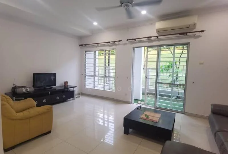 Living features: cream painted walls, white ceiling, 5-blade ceiling fan with light, sliding glass door, floor-to-ceiling windows, light-colored tiled flooring, black coffee table, yellow leather armchair, brown leather sofa, TV console, wall-mounted TV; style: modern; view: garden.