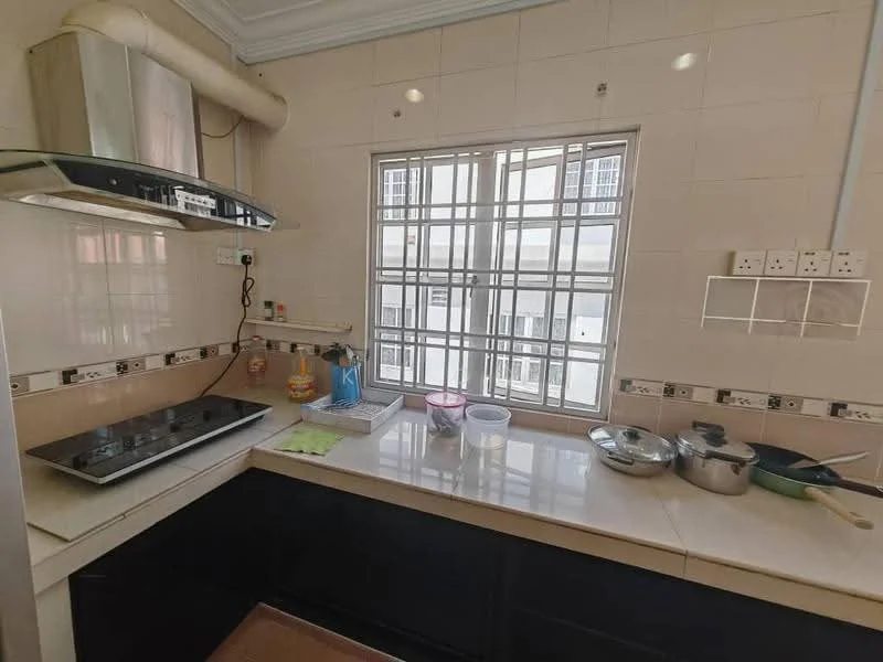 Kitchen features: stainless-steel range hood, 4-burner gas hob, cream tiled backsplash, light-colored countertop, dark cabinetry, window with grid design, kitchen utensils, sink, multiple cooking pots, kitchen towels; style: modern.